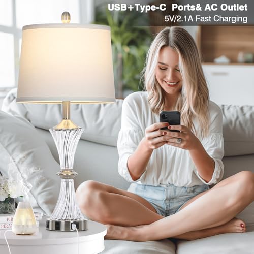 Crystal Glass Table Lamp with USB C+A Ports & AC Outlet