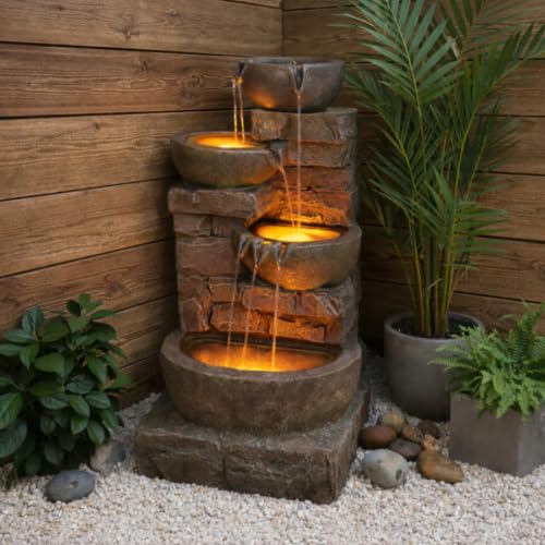 33.27" Cascading Bowls & Stacked Stones LED Water Fountain for Outdoor Living Spaces