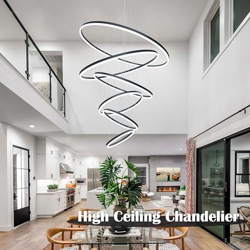 6 Rings Pendant Lights 47.2'' Modern Black Led Chandelier Dimmable Height Adjustable Chandeliers Color Temperature Black Chandelier Led Pendant Light for Dining Room Bedroom Entryway