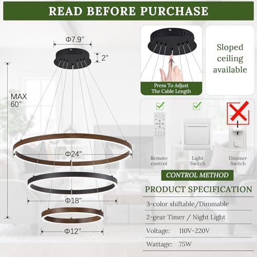 LED 3 Ring Chandelier Dining Room Modern Black Walnut Chandeliers Dimmable