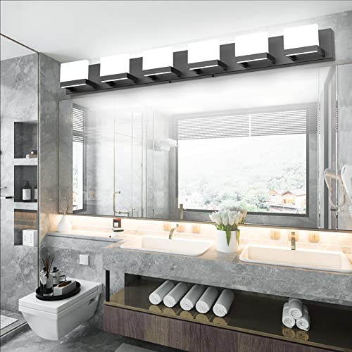 Dimmable Modern 6 Lights LED Vanity Light for Bathroom Up and Down Black Bathroom Wall Light Fixtures Over Mirror
