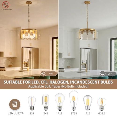 4 Light Glass Gold Chandeliers for Dining Room 17.3" Round Modern Farmhouse Chandelier Drum Hanging Pendant Ceiling Light Fixture for Hallway Entryway Kitchen Island Foyer Bedroom Laundry