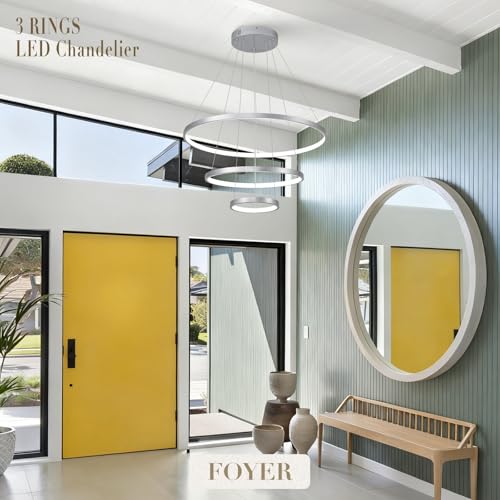 Modern Silver LED Chandeliers 3 Rings Chandelier 23.6" Dimmable LED Pendant Light Fixture Remote Control Contemporary Flush Mount Chandelier for Dining Room Bedroom Foyer