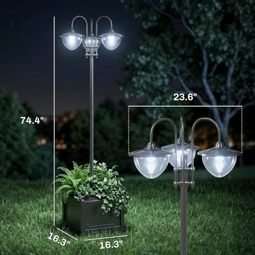74.5" 3 Head Solar Lamp Post Light Outdoor with Planter