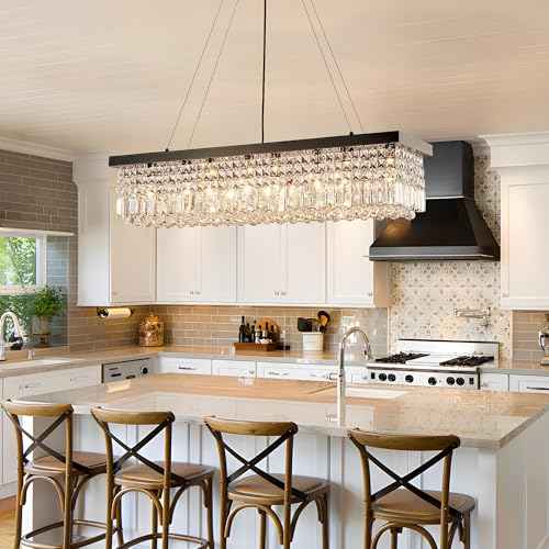 Modern Crystal Chandelier for Dining Room, 8-Light Black Rectangle Pendant Ceiling Light Fixture for Kitchen Island Bar, L40 x W10 x H10