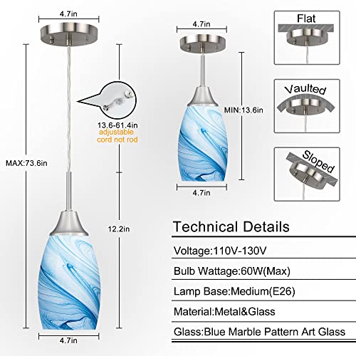 Mini Glass Pendant Light with Handblown Blue Marble Art Glass Shade Adjustable Cord Modern Oval Lamp Ceiling Pendant Light Fixture for Dining Room (3 Count)