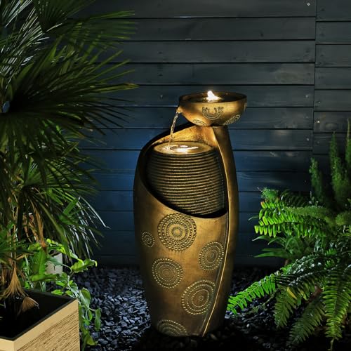 Indoor Water Fountain Feature Outdoor Garden Large Jar Floor Standing Fountain Waterfall with LED Light & Pump for Home Decor Office Yard Patio Pool Deck Porch