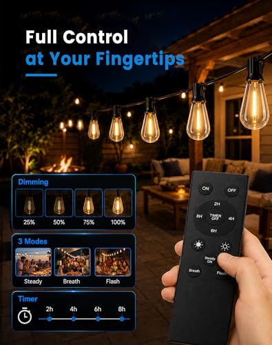30FT(24+6) Outdoor String Lights, 2FT Spacing 12 LED Edison Bulbs, Waterproof, Shatterproof, Dimmable, Warm White, 3 Modes, Timer, Plug in Hanging Backyard Lights for Outside, Patio (24+6FT(12 Sockets))