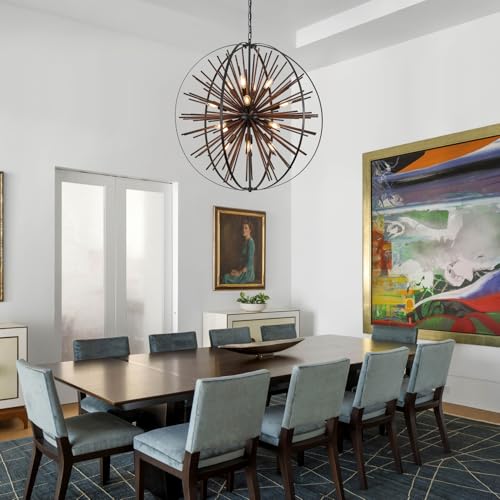 31" 16 Light Farmhouse Wood Sputnik Chandelier Black Hanging Light