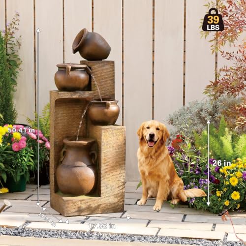 50H Water Fountain Outdoor with 5Tiers Modern Cascading Jar and Stacked Water Fountain with LED Lights for Patio