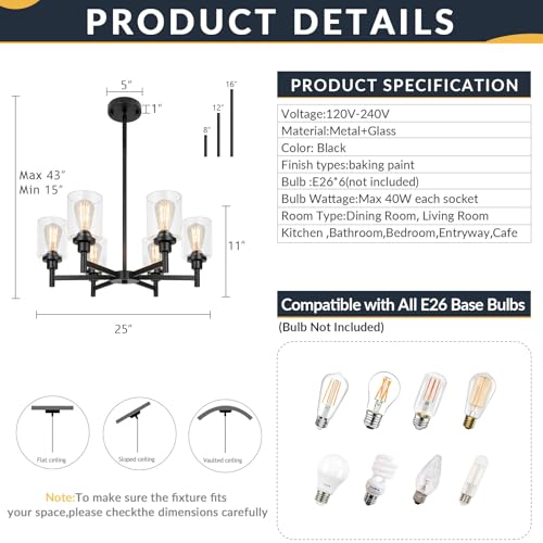 Black Farmhouse Chandeliers for Dining Room Light Fixtures Over Table (6 Count)