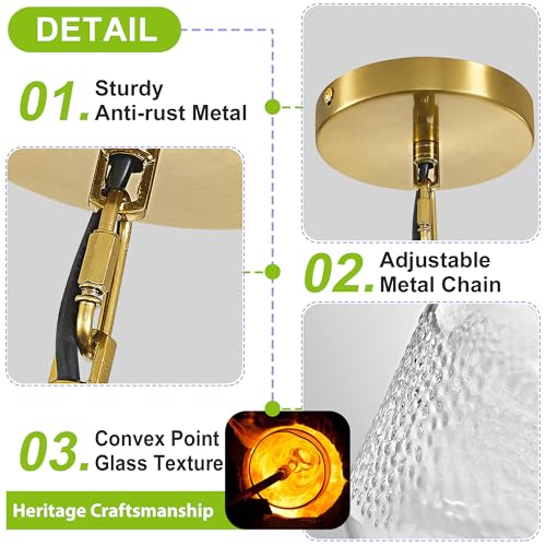 Gold Pendant Lights Kitchen Island with 9.84in Hammered Glass Shade 1Pack