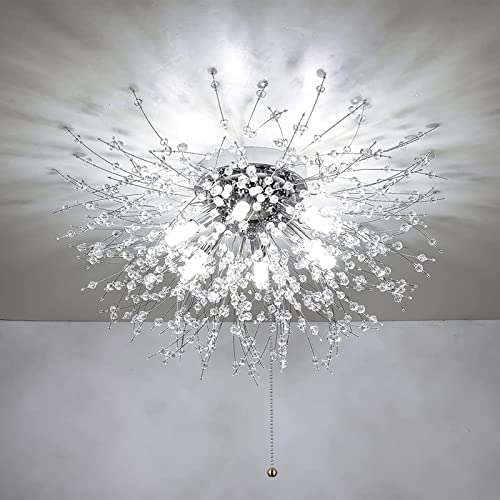 Crystal Flush Mount Ceiling Light Fixture with Pull Chain On