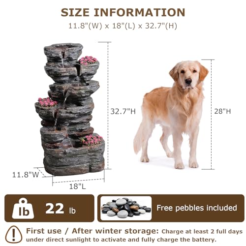 32.7" Tall Rock Solar Powered Water Fountain with LED Lights