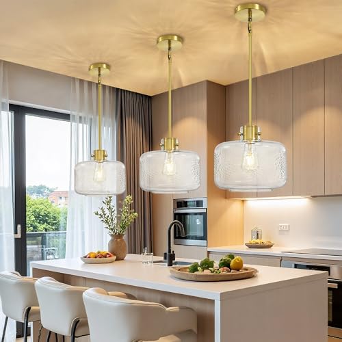 Gold Pendant Lights Kitchen Island with 9.84in Hammered Glass Shade 1Pack