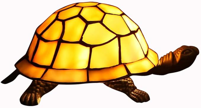 Bieye L10593 Turtle Tiffany Style Stained Glass Accent Table Lamp Night Light for Bedside Living Room (Cream)