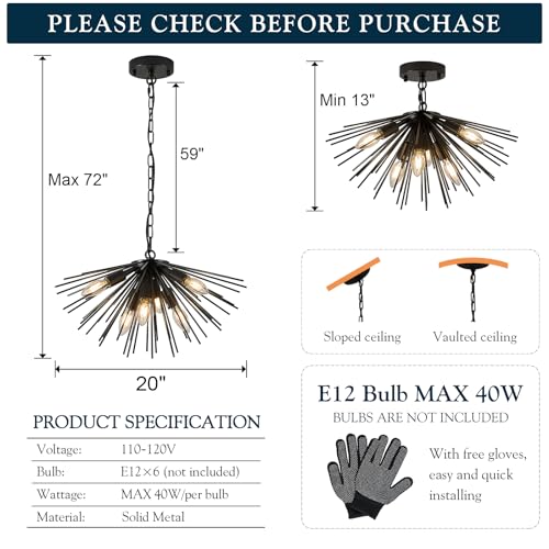 Black Sputnik Ceiling Light 6 Light Starburst Light Fixture Solid Metal