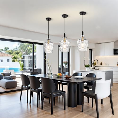 Hammered Glass Pendant Light for Kitchen Island 1 Pack Black Gold 8 Inch