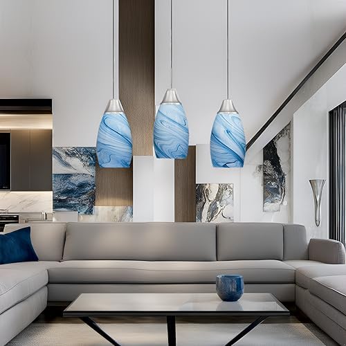 Mini Glass Pendant Light with Handblown Blue Marble Art Glass Shade Adjustable Cord Modern Oval Lamp Ceiling Pendant Light Fixture for Dining Room (3 Count)