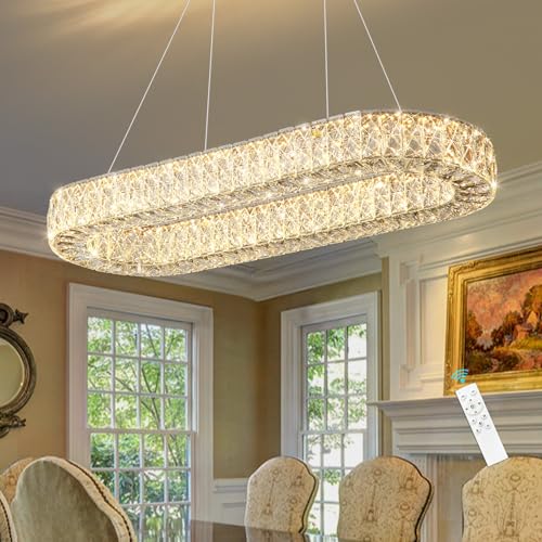 Modern Crystal LED Chandelier Dimmable Oval Chandeliers Rectangular Dining Room Light Fixture with Remote for Living Room Kitchen Island Gold