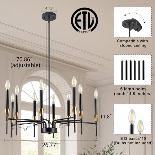 Black and Gold Chandelier 26.8 Inch Farmhouse Dining Room Light Fixture