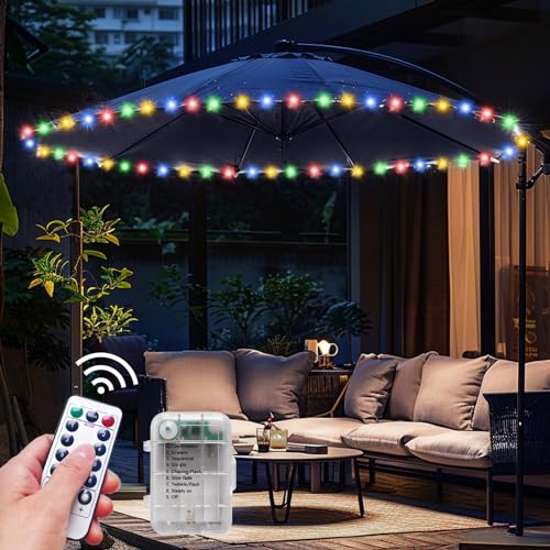Patio Umbrella Lights Cordless LED Market Table Umbrella Lights with Remote Control Battery Operated Waterproof Parasol String Lights