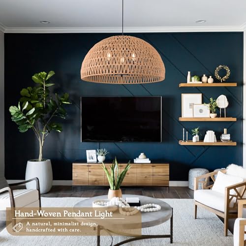 24" Brown Woven Pendant Light Boho Chandelier Dome Rustic Farmhouse Chandelier Wicker Pendant Light Rattan Light Fixture for Dining Room Living Room Bedroom Kitchen Island Foyer