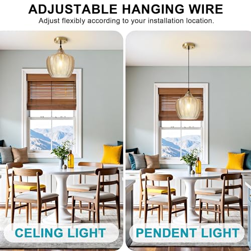 Amber Glass Pendant Lights Kitchen Island Gold Hanging Ceiling Light 9.45"