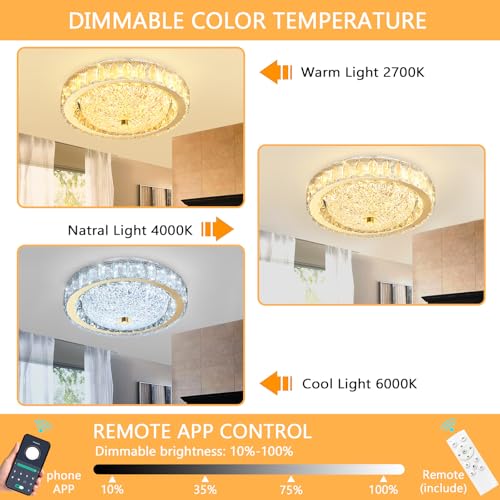 11.8" Modern Mini Crystal Chandelier Dimmable LED Flush Mount Ceiling Light with Remote Control for Bedroom Hallway Dining Room Gold