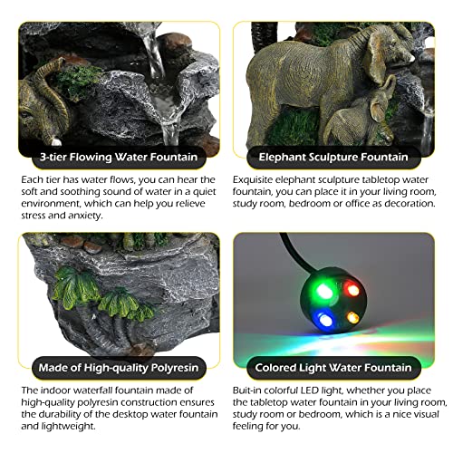 Elephant Fountain Tabletop Waterfall Fountain Indoor with LED