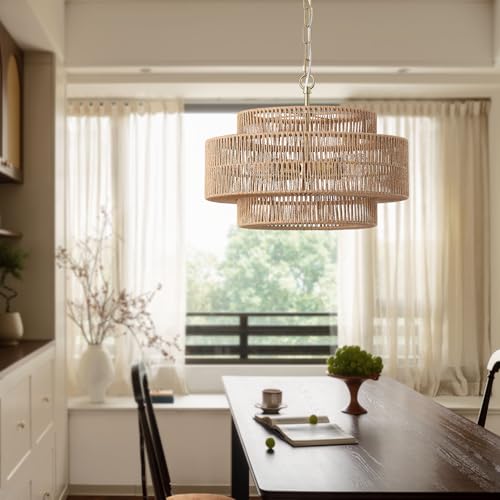 17.7"Large Boho Rattan Farmhouse Chandeliers for Dining Room