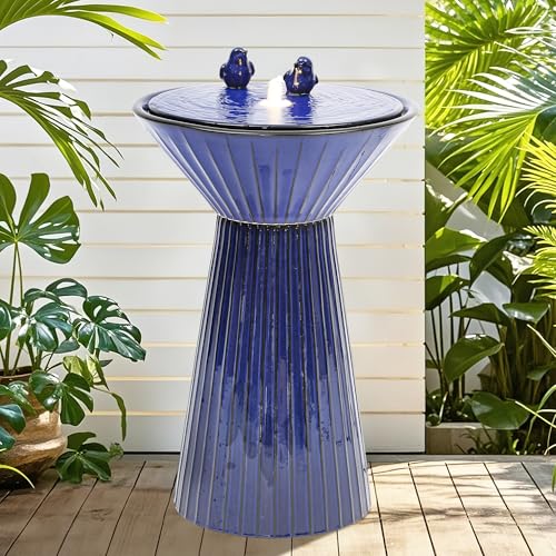 Autodaya 28" Ceramic Outdoor Water Fountain LED Birdbath