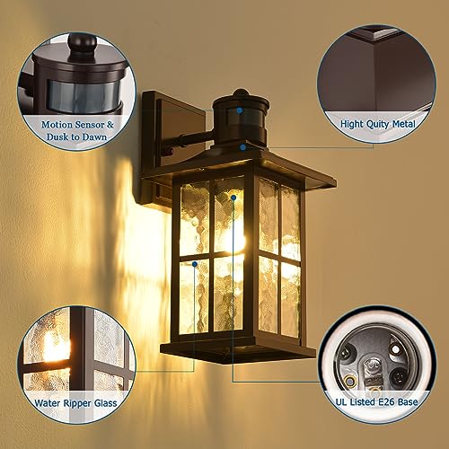 2 Pack Motion Sensor Outdoor Wall Lights Dusk to Dawn Exterior Porch Lantern Brown Outside Sconce Lighting Fixtures Rustic Farmhouse Wall Mount Carriage Lamp for House Garage Patio (2 Count)