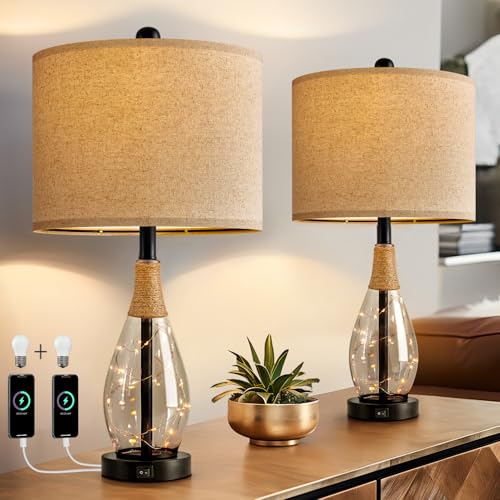23" Table Lamps for Living Room Set of 2 Bedside Lamps for Night Stands Bedroom Lamps Farmhouse Rattan Boho Lamp Glass Nightlight End Table Lamp with USB C+A (2 Count)