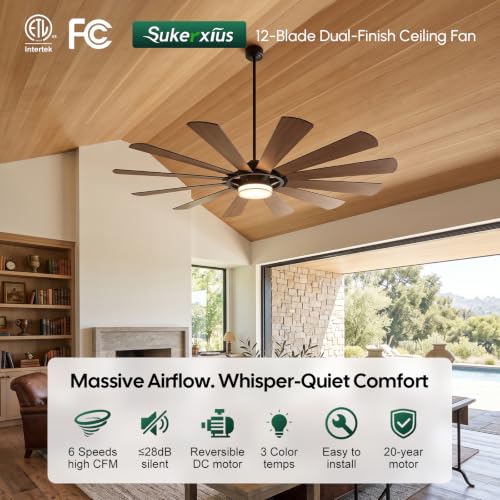 72"Large Farmhouse Ceiling Fan with Light & Remote (Black + Walnut / 72 Inch)