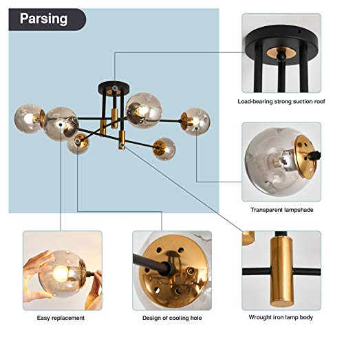 6 Lights Glass Globe Sputnik Chandelier Modern Flush Mount Ceiling Light Fixture Farmhouse Lighting for Dining Room Living Room Bedroom Kitchen Passageway