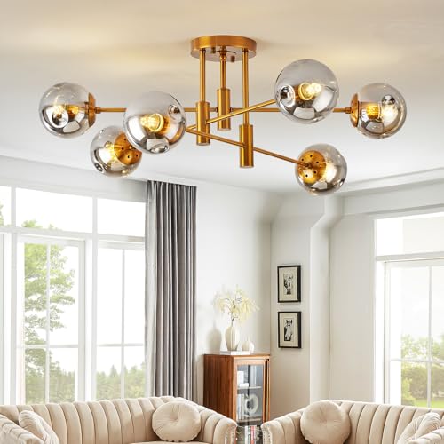 6 Lights Gold Sputnik Ceiling Light Fixture Modern Globe Glass Chandelier