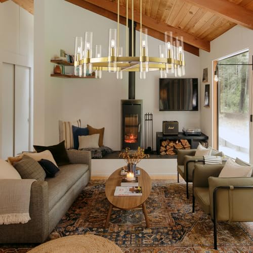 12 Light Brass Round Chandelier 36" Wagon Wheel Chandeliers for Dining Room Light Fixture Clear Glass Tube Chandelier Modern Farmhouse Chandeliers for LivingRoom Foyer