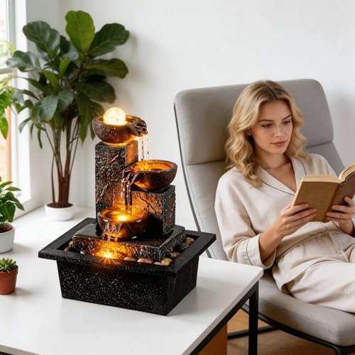 Three Bowls with Rotating Ball Flowing Tabletop Fountain Home Décor Indoor Decor Waterfall Sound Zen Mini Fountain Warm Led Light Pebbles Stone