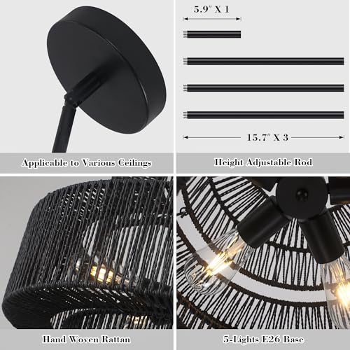 22" Black Boho Rattan Chandelier Light Fixture Hand Woven Farmhouse Pendant Lighting Rustic Boho Chandeliers for Dining Room Living Room Hallway Foyer 5 Lights