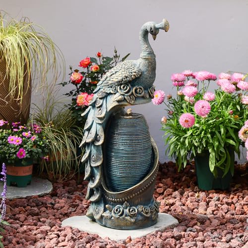 Peacock Outdoor Water Fountain 32" H Cascading Waterfall Fountain with LED Lights & Pump Tiered Water Feature for Garden