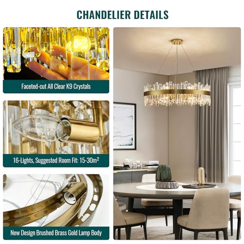 Modern Brass Gold Round Crystal Chandelier for Dining Room D31.5''