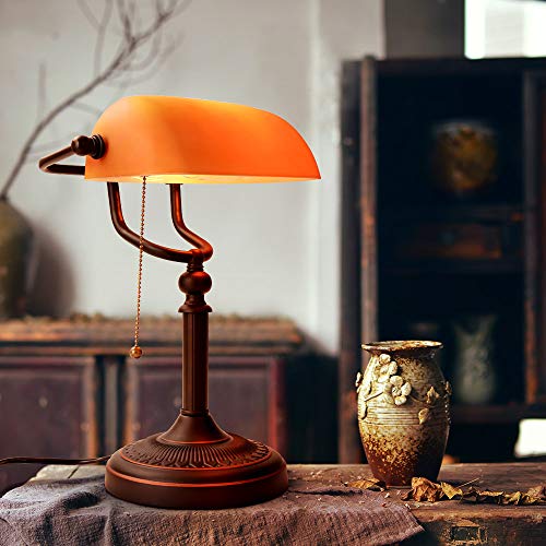 Matted Orange Glass Bankers Desk Lamp with Pull Chain Switch Plug in Fixture