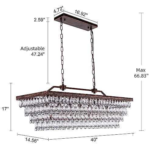 Dining Room Crystal Chandelier 40 Inch Antique Bronze Rectangle Chandeliers 7 Lights Farmhouse Hanging Ceiling Large Light Fixtures for Kitchen Island