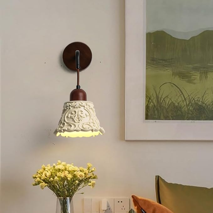 Modern Resin Wall Sconce Lighting Nordic Solid Wood Wall Lamp Wabi Sabi Cream Yellow Home Decor Lighting Fixture Cream Yellow Floral Finish, Japanese Style Walnut Wood Art Wall Sconces
