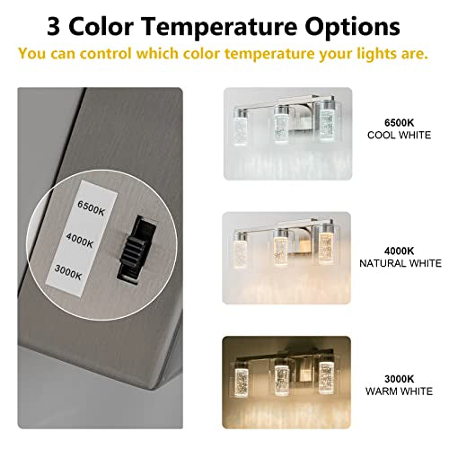 3 Light Brushed Nickel Vanity Light with 3 Color Modes