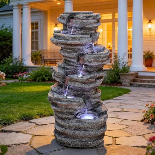 6 Tier Rock Outdoor Water Fountain with LED Lights