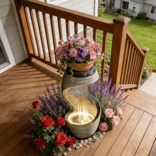 37" S Shaped Outdoor Water Fountain with LED Lights
