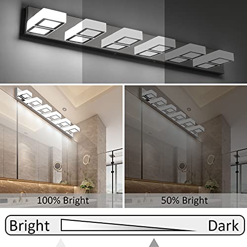 Modern Chrome Bathroom Vanity Lights Dimmable 6 Lights Acrylic Stainless Steel Modern LED Vanity Light Fixtures for Bathroom Lighting Dimmable 6000K Cool White Light
