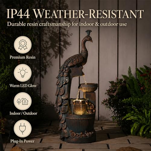 Outdoor Water Fountain 41" H Cascading Peacock Waterfall Fountain with LED Lights & Pump Tiered Water Feature for Garden